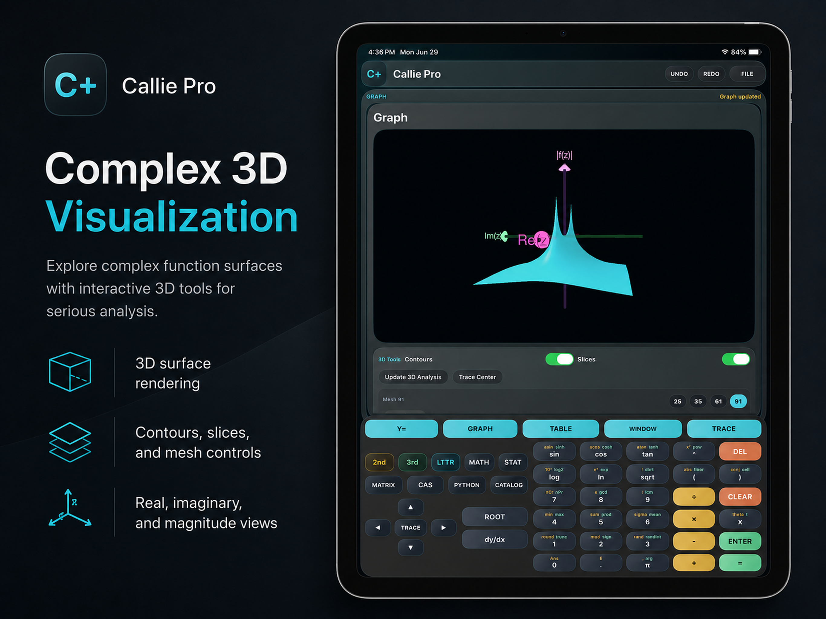Callie Pro Complex 3D Visualization panel showing an interactive complex surface on iPad
