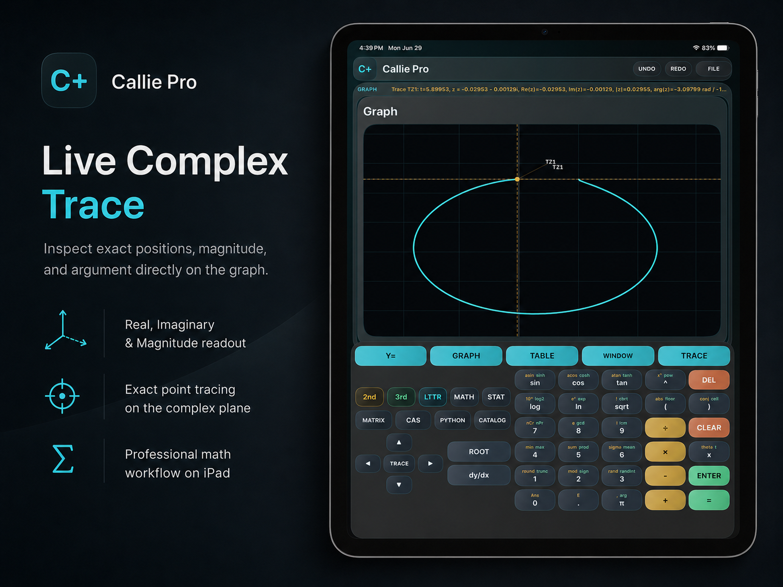 Callie Pro Live Complex Trace panel showing an exact trace point on a complex-plane graph