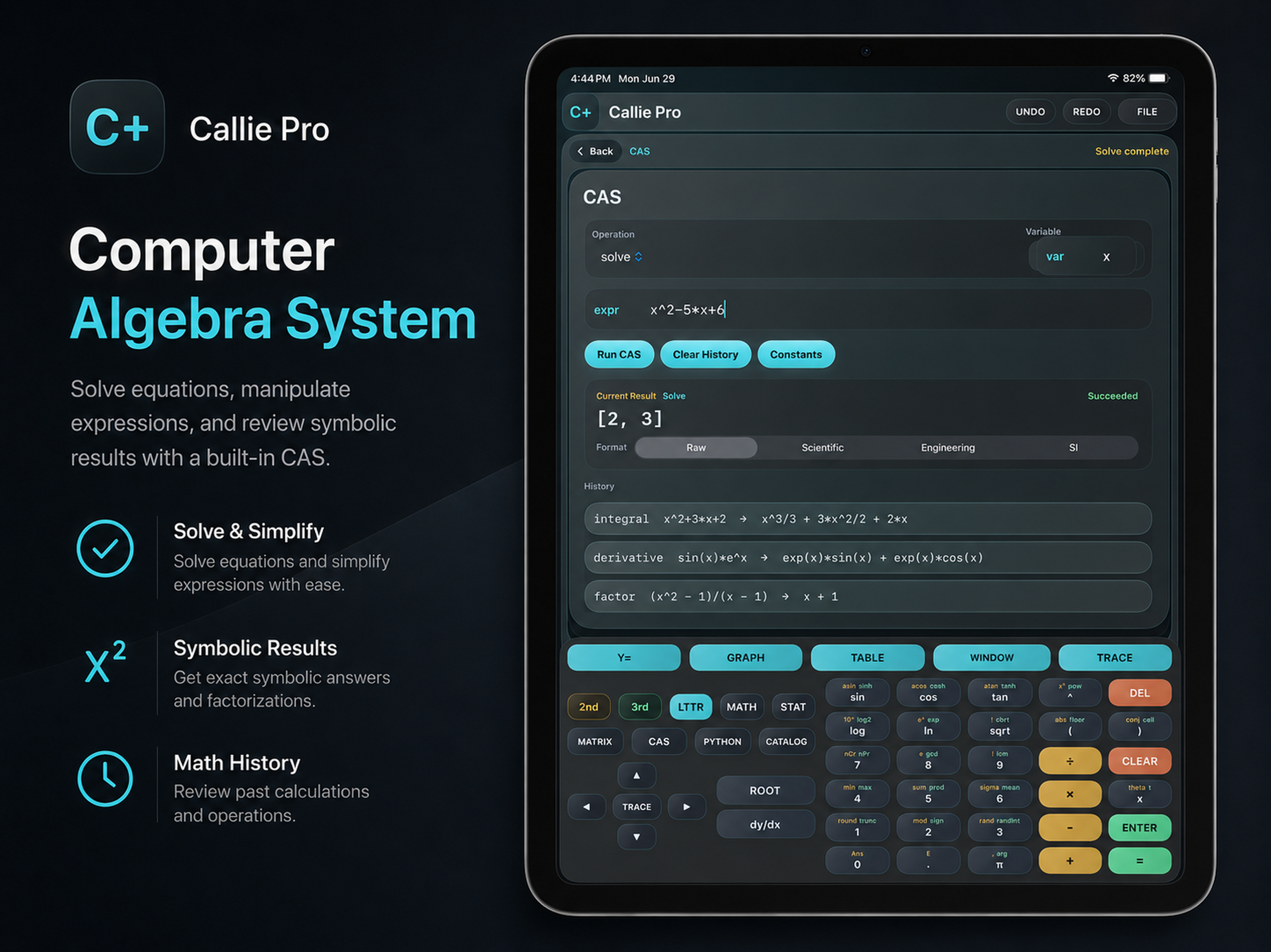 Callie Pro CAS workspace with symbolic results