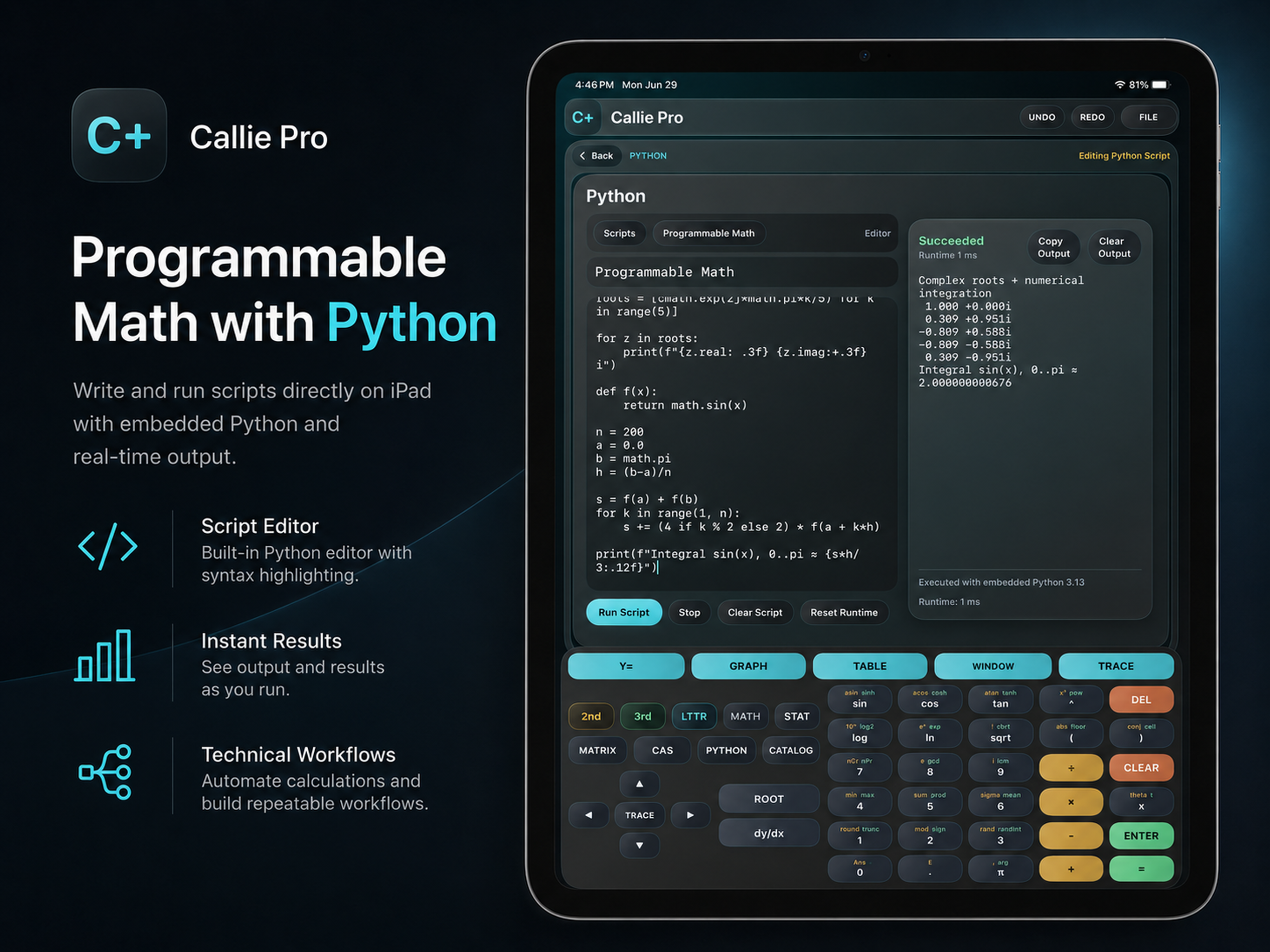 Callie Pro Python workspace with script and numerical output
