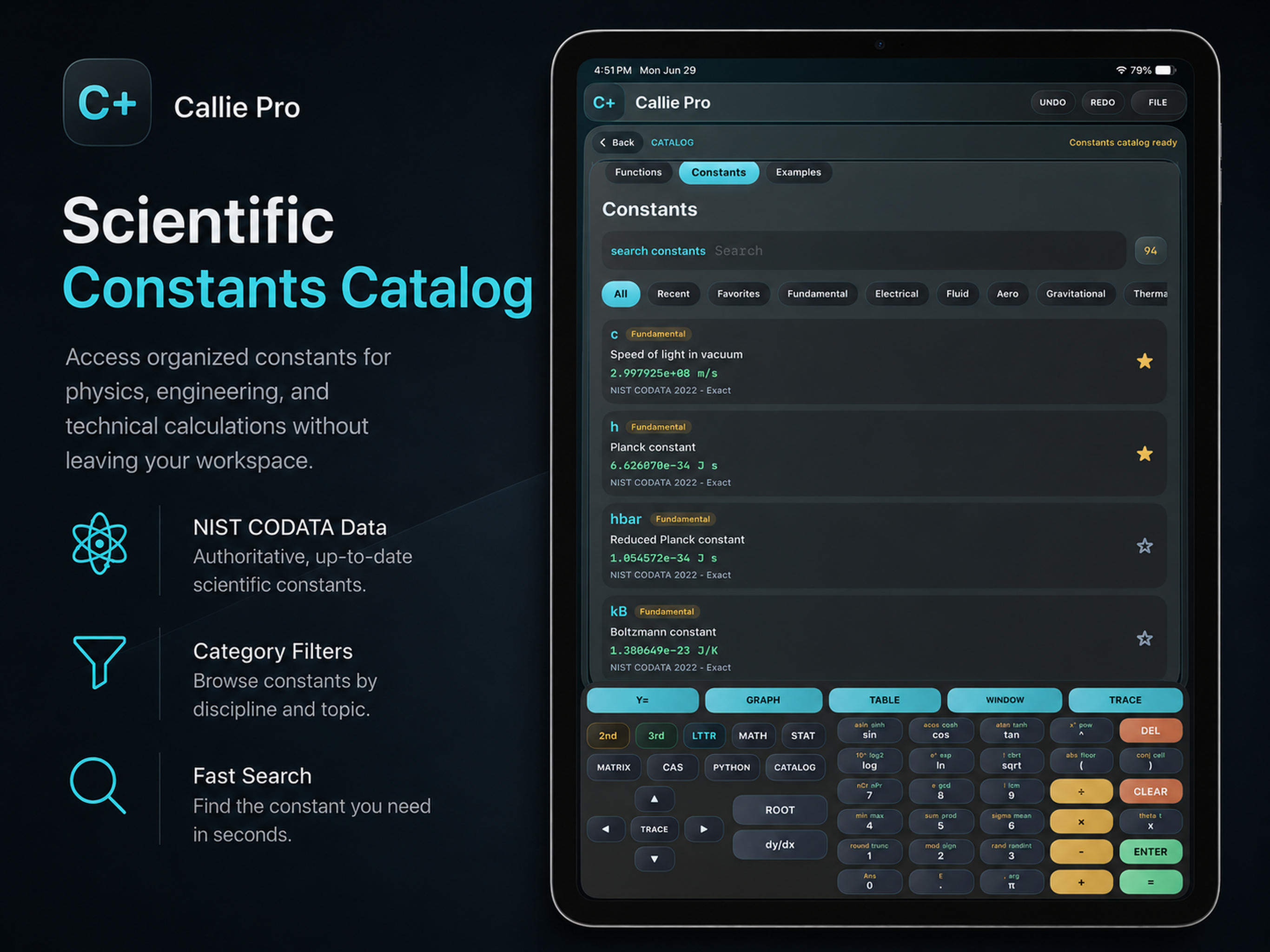 Callie Pro Catalog showing engineering and scientific constants