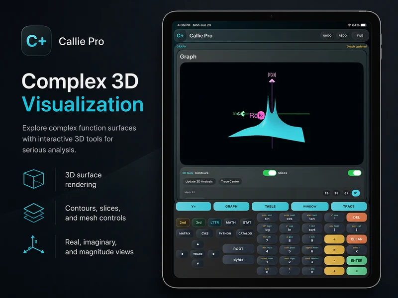 Callie Pro interactive Complex 3D graph showing a mathematical surface over the complex plane