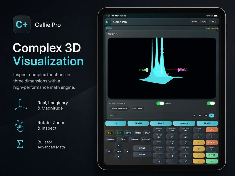 Callie Pro Complex 3D surface with real and imaginary axes for physics and complex-analysis exploration on iPad