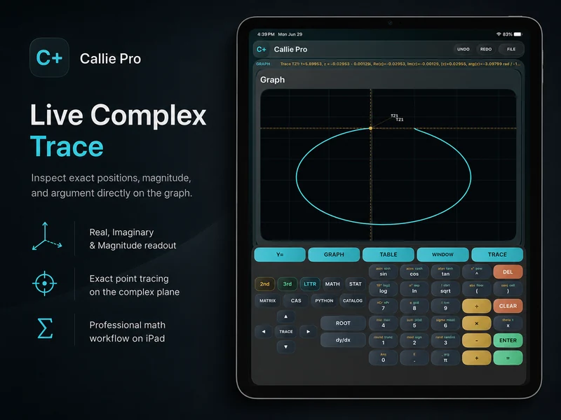 Callie Pro Complex 2D path graph with a live trace point over the complex plane on iPad