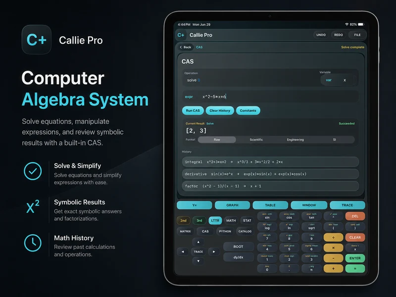 Callie Pro CAS workspace showing exact symbolic results and algebra history on iPad