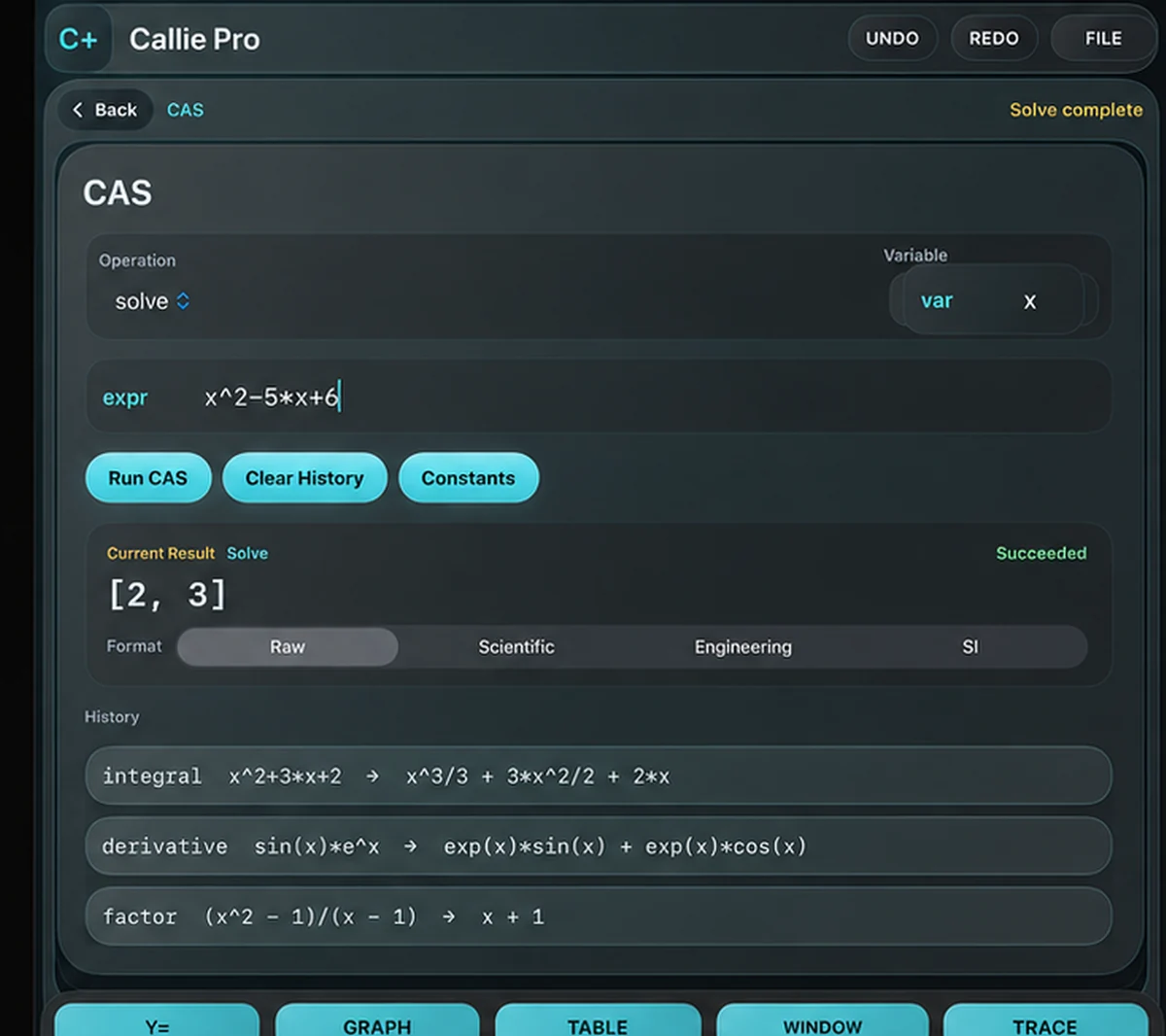 Actual Callie Pro Computer Algebra System workspace with symbolic results and operation history.