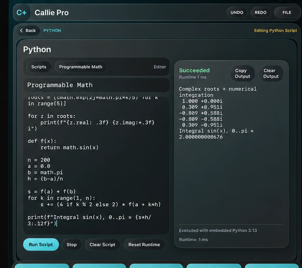 Actual Callie Pro Python workspace with a visible numerical script and its output.