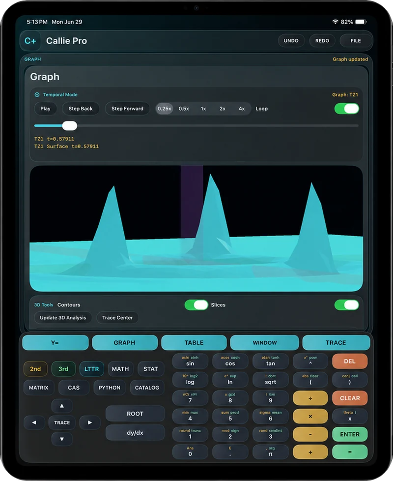 Callie Pro running on iPad: a Temporal 3D Surface with time controls, contours, slices, and the calculator keypad.