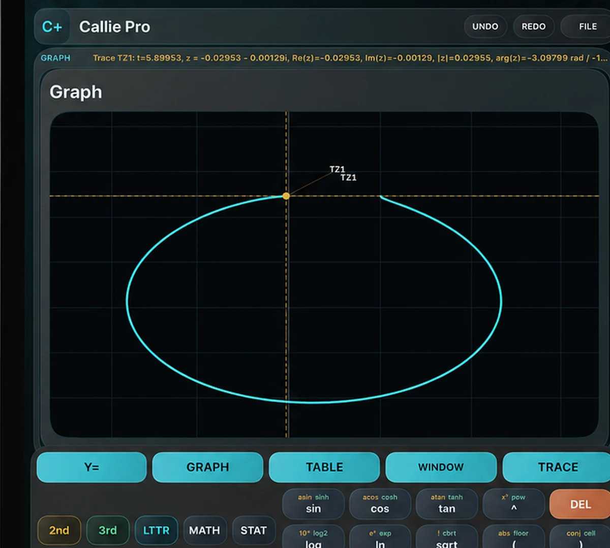 Actual Callie Pro Live Complex Trace workspace showing a path and point readout on the complex plane.